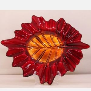 Vintage PartyLite Red and Orange Leaf Shaped Candle Holder Tray Made in Turkey